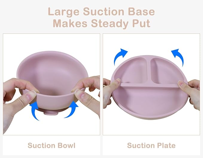 Silicone Baby Feeding Set | BPA-FREE |9 PCS Baby Led Weaning Supplies Self Feeding Utensils | Divided Suction Plate Bowl Bib Training Sippy Cup Spoon Fork (Pink)