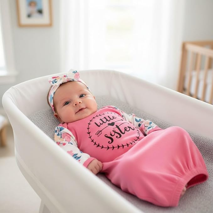 AMAWMW Newborn Baby Girl Little Sister Sleeper Gown Stripe Long Sleeve - Image 2