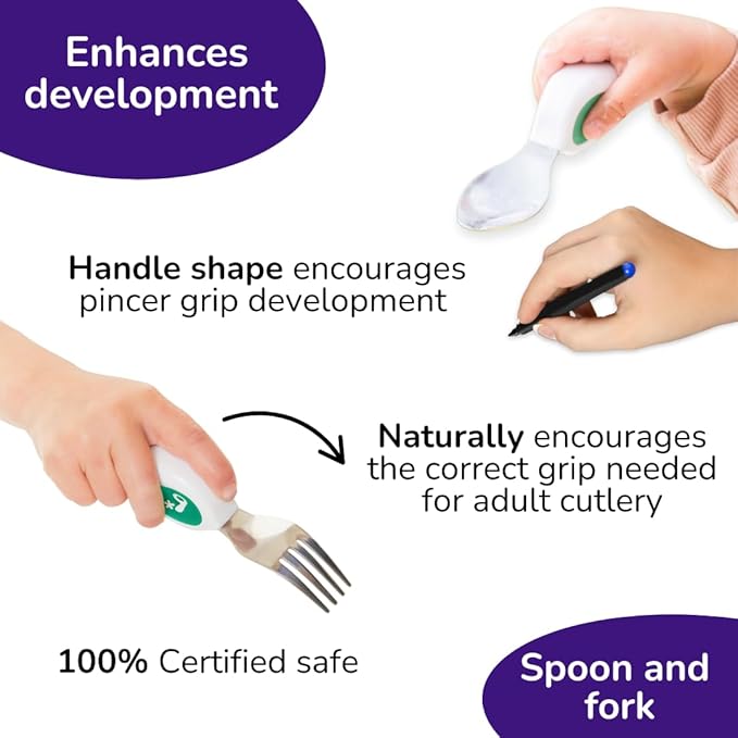 doddl Toddler Utensils, Ergonomic Fork and Spoon Set for Self Feeding, Stainless Steel Silverware for 1-3 Year Olds, BPA Free, Dishwasher Safe (Aqua + Bowl)