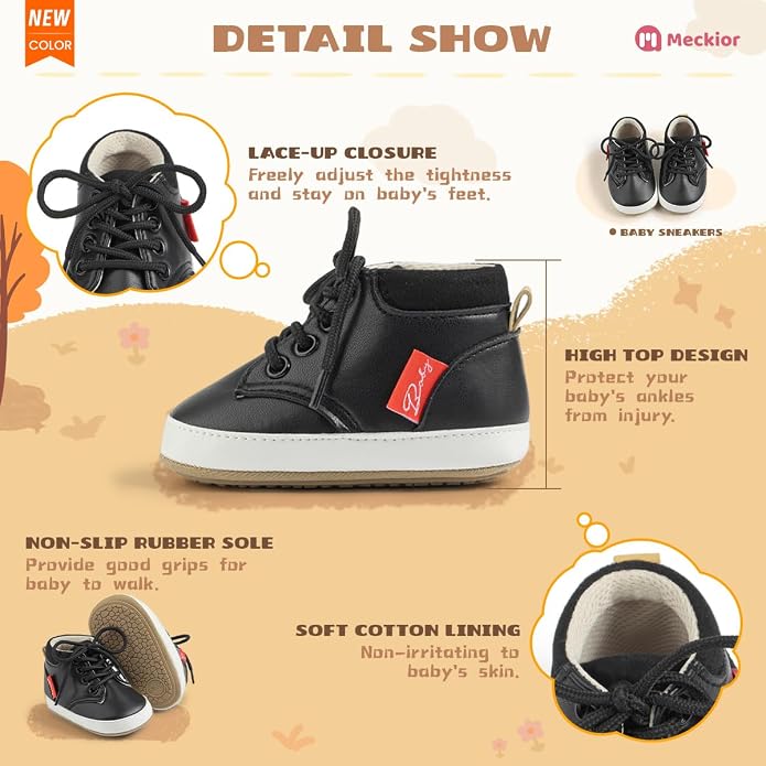 Meckior Toddler Baby Boys Girls High Tops Ankle Sneakers Soft Anti-Slip Sole PU - Image 5