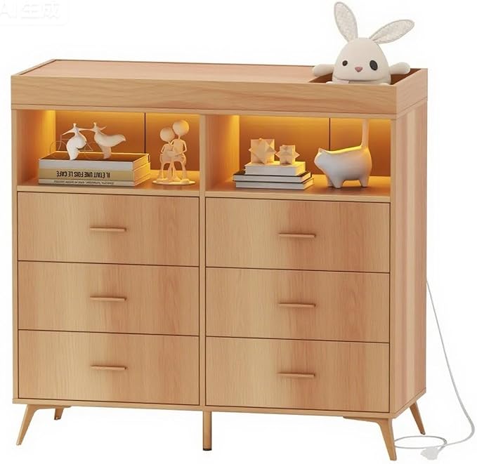GarveeHome Dresser for Bedroom with 6 Drawers, Baby Changing Table Dresser with Changing Pad, LED Lights & Charging Station, Baby Changing Station with Changing Table Top