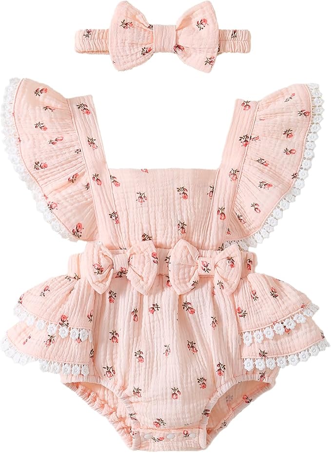 Baby Girl Summer Clothes Infant Girls Romper Dress | Ruffle Sleeve, Cotton Linen by Megeoly