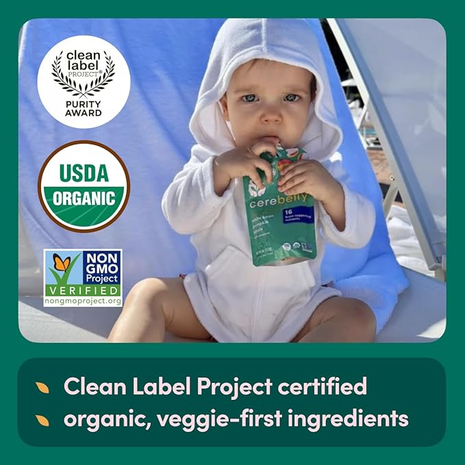 Cerebelly Organic Baby Food Pouches Variety Pack, Veggie & Fruit Purees, 16 Nutrients, No Added Sugar, Fiber & Non-GMO, 4oz, 8 Pack