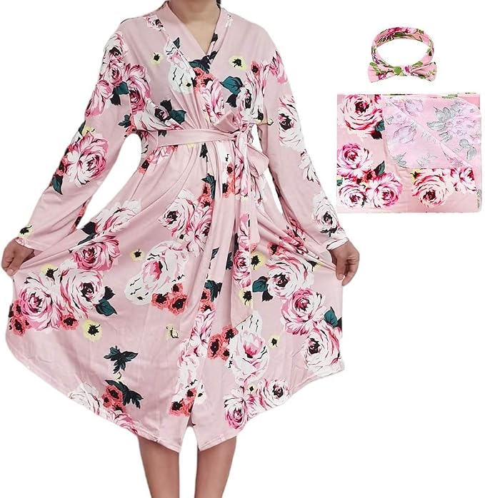 SUFEINI Maternity Robe and Matching Baby Swaddle Blanket Set, Mommy Robe by SUFEINI