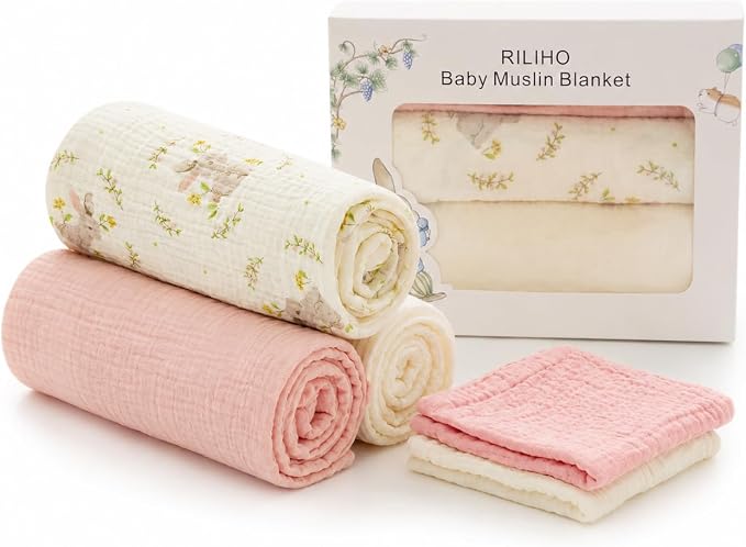 5 Pack Muslin Swaddle Blankets & Baby Burp Cloths, Soft & Breathable Cotton by RILIHO