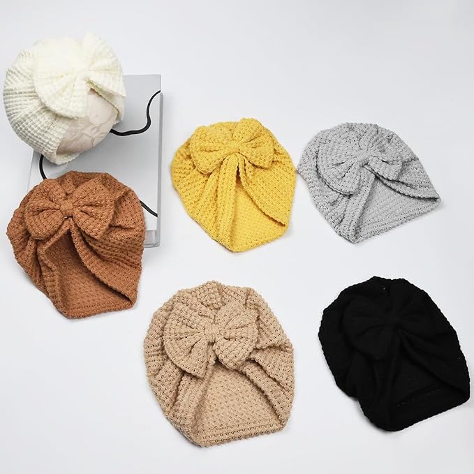 Baby Girls Hair Bow Turban Hat 6PCS Set, Top Bowknot Head Wrap Beanie India Caps - Image 8