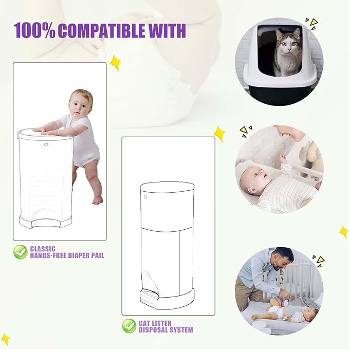 Diaper Pail Refill Bags Compatible with Dekor Classic Diaper Pail, Extra 30% Length, Hold up to 5148 Diapers, Lavender Scent, 8 Pack