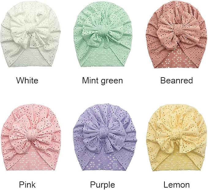 Baby Girls Hair Bow Turban Hat 6PCS Set, Top Bowknot Head Wrap Beanie India Caps - Image 2