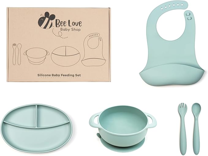Bee Love Silicone Baby Feeding Set | BPA Free Baby Led Weaning Utensils Set with Suction Plate, Bowl, Adjustable Bib, Baby Spoon and Folk | Toddler Feeding Supplies for 6+ Months (Moody Blue)