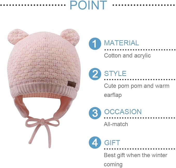 BAVST Baby Beanie Hat for Winter with Earfalp Cute Bear Kids Toddler Girls Boys Warm Knit Cap 0-2Years