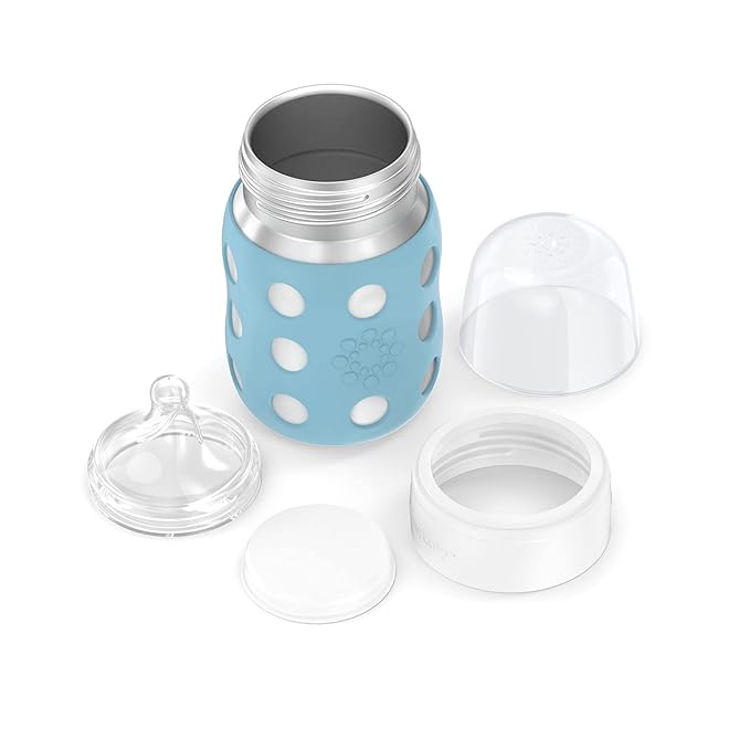 Lifefactory 8-Ounce Stainless-Steel Vacuum-Insulated Wide-Neck Baby Bottle with Stage 2 Nipple (3-6 Months) Denim, LS2211WDE4