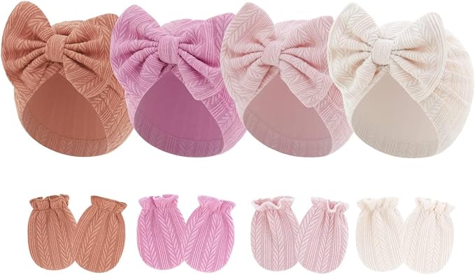 4 Pcs Newborn Hats Mittens Set Infant Cap Bow Hospital Beanie Preemie Hat by Unknown