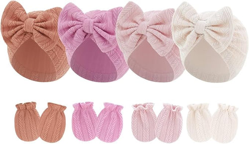 4 Pcs Newborn Hats Mittens Set Infant Cap Bow Hospital Beanie Preemie Hat by Unknown