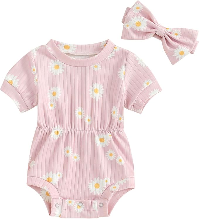 FOCUSNORM Baby Girl Summer Clothes Ribbed Short Sleeve Romper Solid Color by FOCUSNORM