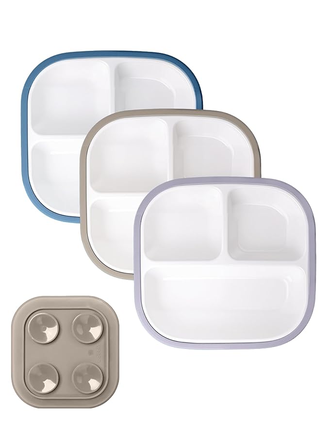 BABELIO 8'' Toddler Porcelain Plates with Silicone Suction Sleeves, Lead & BPA Free, Divided, Microwave & Dishwasher Safe, Stay Put, Suitable for Kids/Babies, 3 Pack