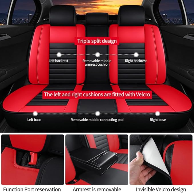 Leather Car Seat Covers for Toyota Corolla 2006-2024,Car Seat Covers Full Set,Seat Covers with Safety,Waterproof Seat Cover Compatible Airbag(5pcs Black&Red Bars Luxury)