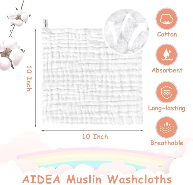 AIDEA Baby Washcloths and Burp Cloths, Absorbent Cotton Muslin Baby Towels - Image 2