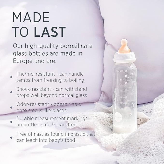 HEVEA Standard Neck Glass Baby Bottles - Natural Rubber Medium Flow Nipples - Anti Colic Baby Bottles for Breastfeeding Babies - 3+ Months - BPA-Free, Single-Pack (8 Oz)