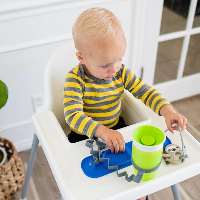 BUSY BABY Silicone Mat Bundle - 1 Original Mat Plus 1 Mini Mat, New Stronger Suction Cups, 6 Straps to Secure Baby Essentials and Keep Them Off The Floor, Baby Led Weaning, Wet Bag Included (Pewter)
