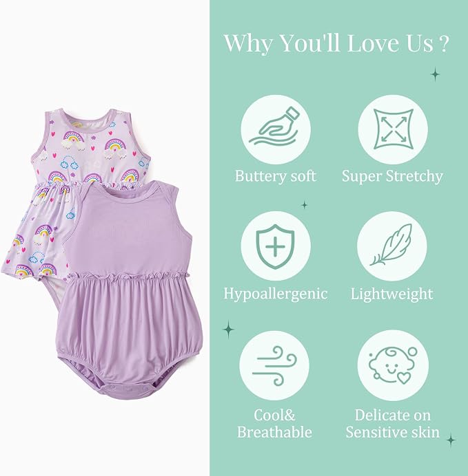 PATPAT Baby Girl Bamboo Viscose 2-Pack Romper & Dress | Color-Coded Snaps - Image 3