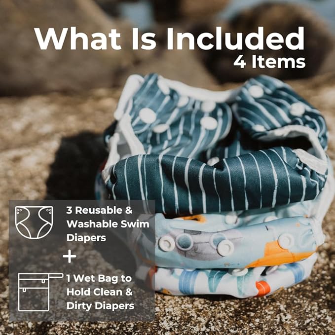 Nora's Nursery Reusable Swim Diapers and Wet Bag - One Size Fully Adjustable - Seaside Unisex 3 Pack with Wet Bag