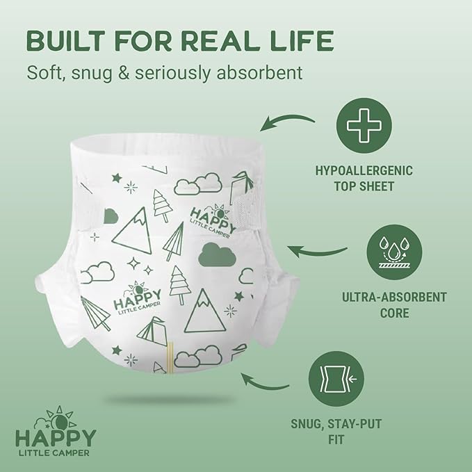 Happy Little Camper Super Saver Diapers, Size 3, 100 Count | Budget-Friendly Disposable Baby Diapers for Sensitive Skin | Hypoallergenic, Fragrance-Free, Ultra Absorbent