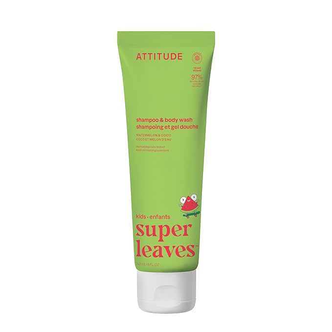 ATTITUDE Shampoo and Body Wash for Kids, EWG Verified, Dermatologically Tested, Plant- and Mineral-Based Ingredients, Vegan, Watermlon & Coco, 8 Fl Oz