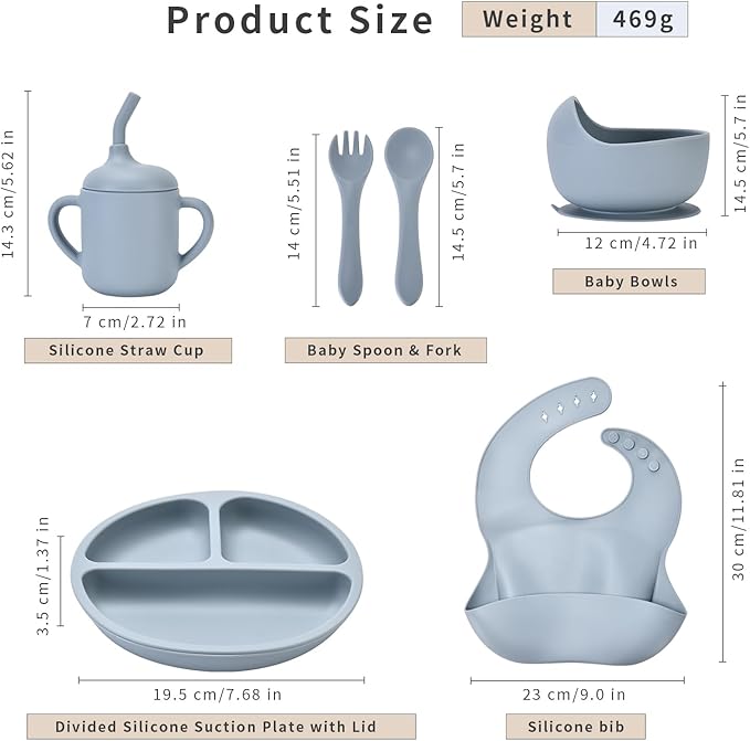 Baby Silicone Feeding Set, Baby Weaning Set, Baby Essentials, Includes Baby Spoons, Baby Bibs, Suction Plates for Baby， Baby Bowls, Food Grade Silicone, BPA Free (A-1)