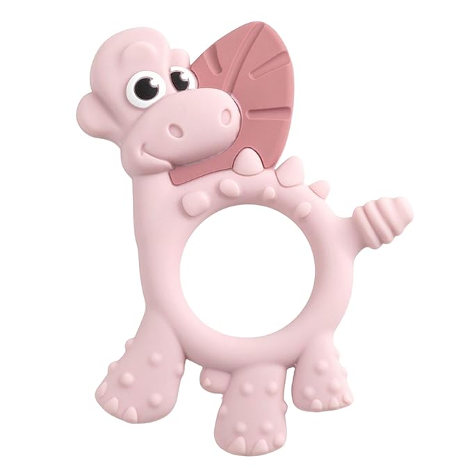 Bibado - Dotty The Dinosaur Teething Toys, Blush - Multi-Sensory Teether - BPA Free Baby Toy - Strengthen Mouth Muscles & Learn Feeding - Dentist Approved - Baby Essentials & Baby Toys - 3 Months+