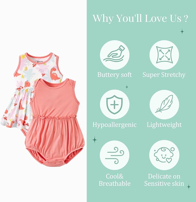 PATPAT Baby Girl Bamboo Viscose 2-Pack Romper & Dress | Color-Coded Snaps - Image 3