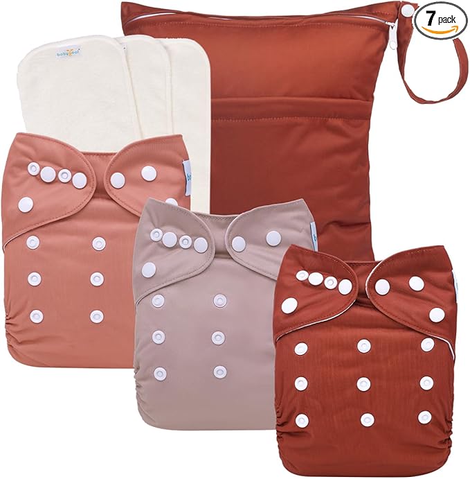 babygoal AWJ Cloth Diapers with Tummy Panel Pack of 7, 3 Diaper Cover with 3 Inserts and Wet Dry Bag, Adjustable Washable Reusable for Baby Girls and Boys