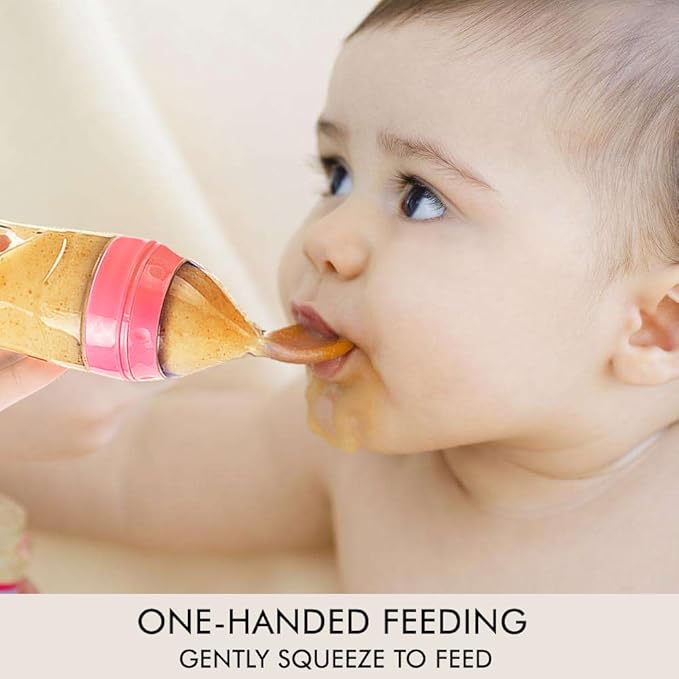 Matyz Silicone Baby Food Dispensing Spoon (Pink, 4oz / 120ml) Squeeze Feeder with Spoon - Spoon Bottle for Baby - Baby Spoon Feeder Bottle Baby Solid Food Feeder - Ideal for 4 Months+ Babies