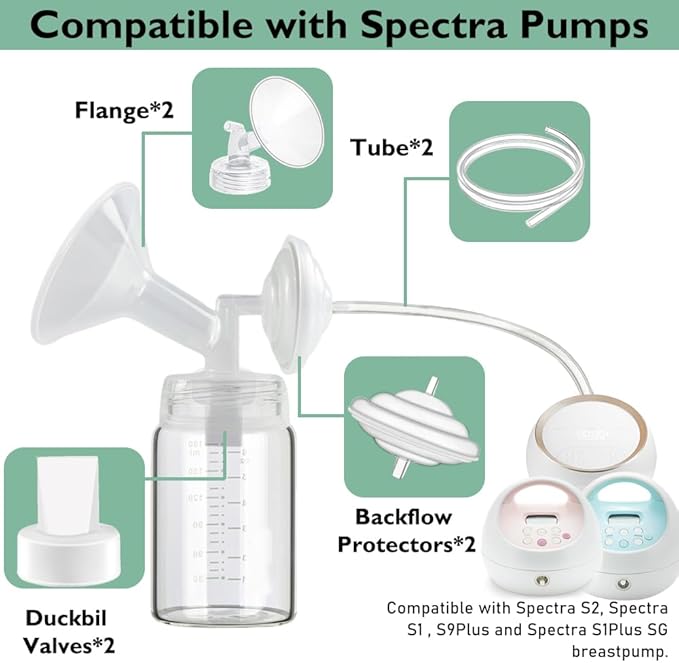 24mm Flange Pump Parts Compatible Spectra S1 S2 9 Breast Pumps Replacement,Full Set Replacements Include Flange Backflow Protector Membrane Duckbill Valve Tube,Not Original Accessories