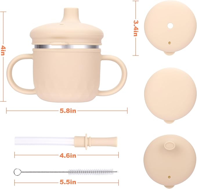 BUSOHA Stainless Steel Sippy Cups - 3 IN 1 Silicone Sippy Cup for Toddlers Baby Straw Cup with Brush Kids Cups with Lid and Silicon Straw Anti-Drop Spill Proof Cups for Travel,8 oz, Beige