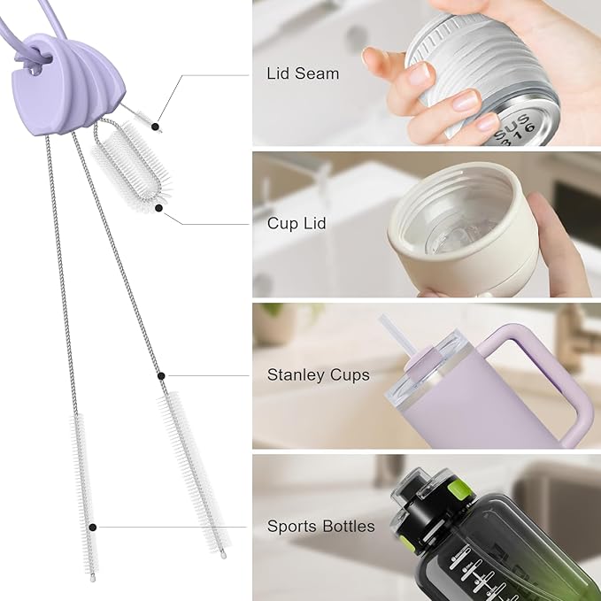 YOTIME Standing Straw Cleaner Brush Set, 4in1 Reusable Straw Brushes with Holder Ring, for Wide and Narrow Straws, Tumblers, Water Bottles and Cups, Purple