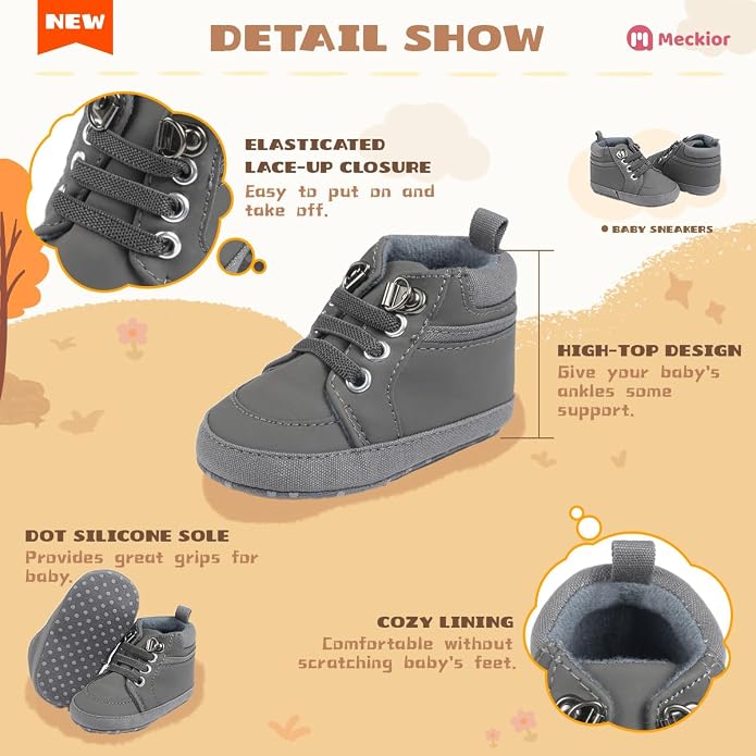 Meckior Toddler Baby Boys Girls High Tops Ankle Sneakers Soft Anti-Slip Sole PU - Image 5