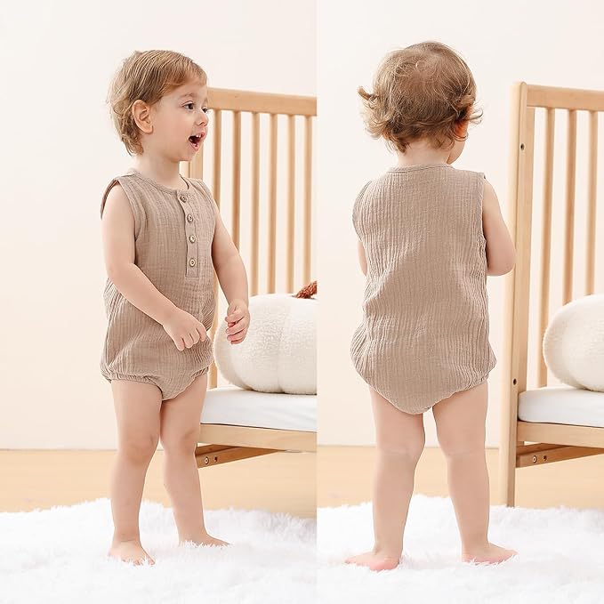 Baby Boy Romper 3 Pack Sleeveless Cotton Linen Tank Top Bodysuit | Breathable - Image 7