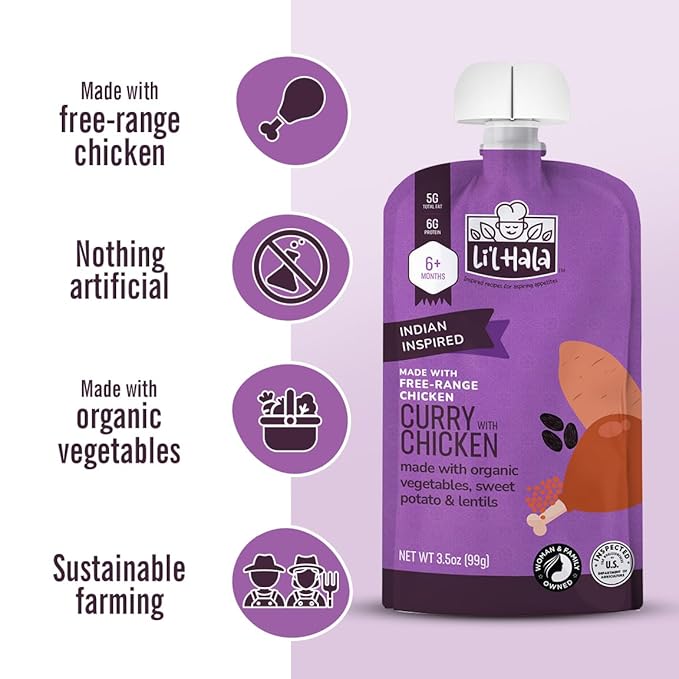 Li’l Hala Curry Chicken Baby Food Pouches – Free-Range Chicken & Organic Veggies – Protein & Healthy Fats – Toddler Meat Puree Meals for 6+ Months – No Hormones – 3.5 oz (12 Pack)