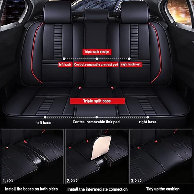 Full Set of Universal Fit Automotive Seat Covers fit for Suzuki 1999-2025 95% Models, PU Leather Automobile Interior Sets with Headrest & Back Pillow Black & Red Line