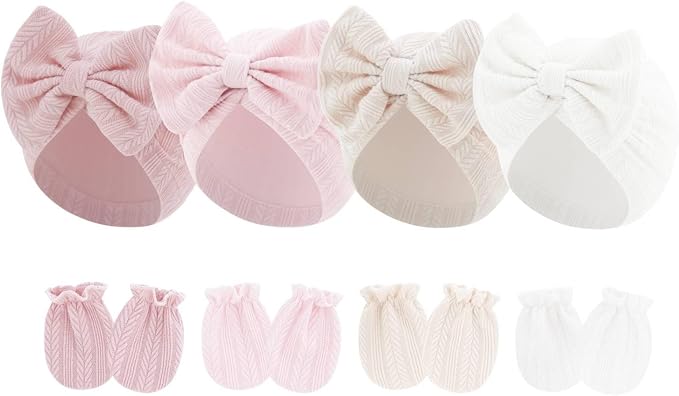 4 Pcs Newborn Hats Mittens Set Infant Cap Bow Hospital Beanie Preemie Hat by Unknown