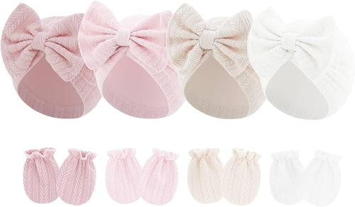 4 Pcs Newborn Hats Mittens Set Infant Cap Bow Hospital Beanie Preemie Hat by Unknown
