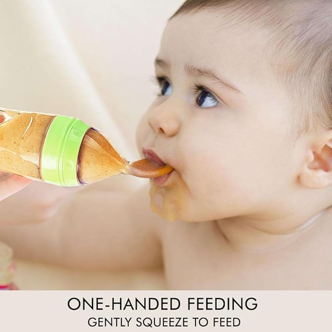 Matyz Silicone Baby Food Dispensing Spoon (Green, 4oz / 120ml) Squeeze Feeder with Spoon - Spoon Bottle for Baby - Baby Spoon Feeder Bottle Baby Solid Food Feeder - Ideal for 4 Months+ Babies