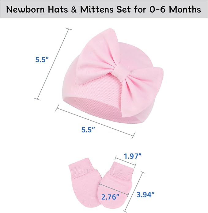 Newborn Baby Girl Hats and Mittens Set, Hospital Hat, Bow Beanie Infant Gift - Image 6