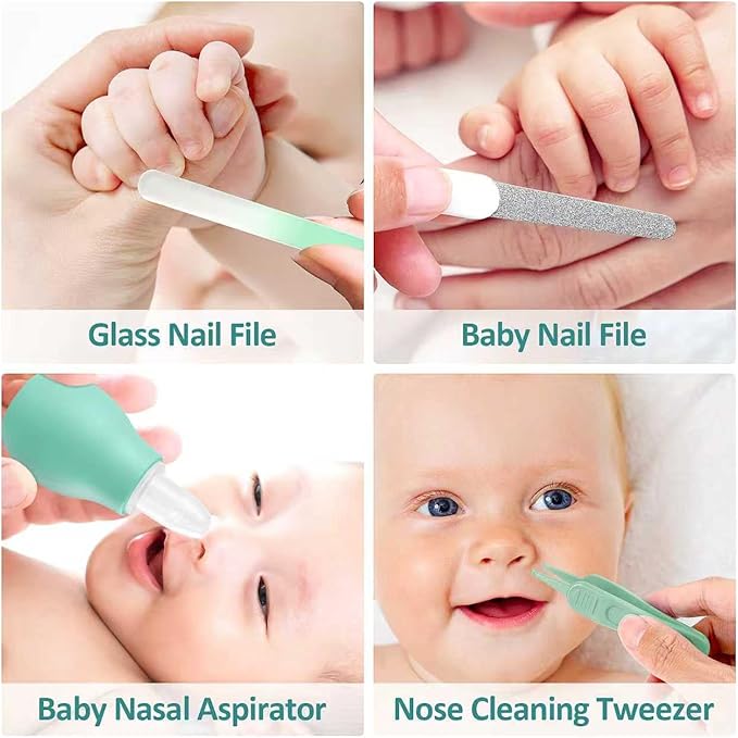 Baby Grooming Kit, Infant Safety Care Set with Hair Brush Comb Nail Clipper Nasal Aspirator,Baby Essentials Kit for Newborn Girls Boys (Green)