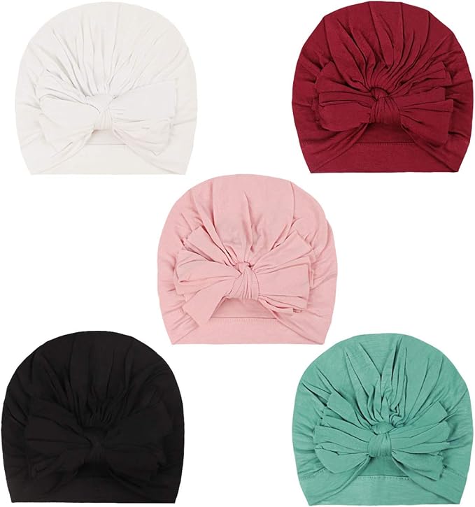 DRESHOW BQUBO 5 Pieces Newborn Baby Turban Hats Bow Baby Infant Beanie - Image 8