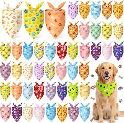 50 Pcs National Dog Day Dog Bandanas Bulk Pastel Paw Prints Pattern by Jeere