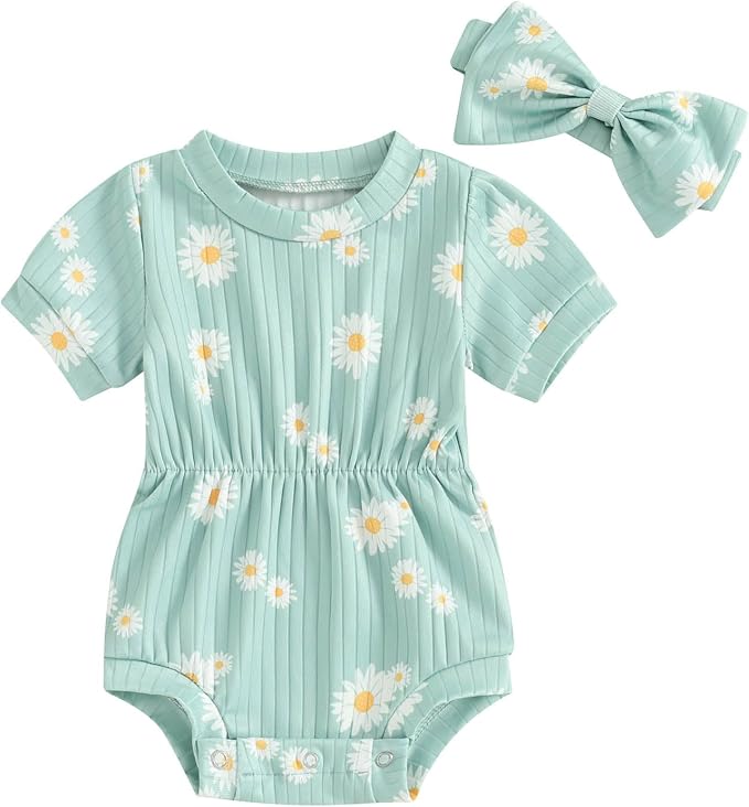 FOCUSNORM Baby Girl Summer Clothes Ribbed Short Sleeve Romper Solid Color by FOCUSNORM