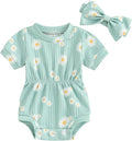 FOCUSNORM Baby Girl Summer Clothes Ribbed Short Sleeve Romper Solid Color by FOCUSNORM
