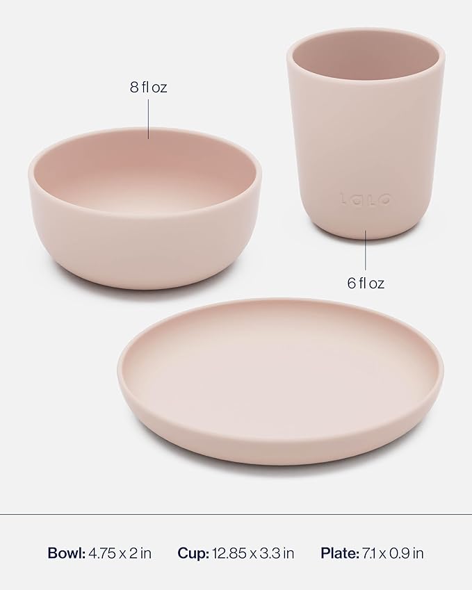 Lalo Big Bites Kids Dinnerware Full Set - Dishwasher Safe, BPA Free, Kids Tableware Set - Includes Stackable Bowl, Plate, Utensils & Cup - 7 Pieces - Grapefruit