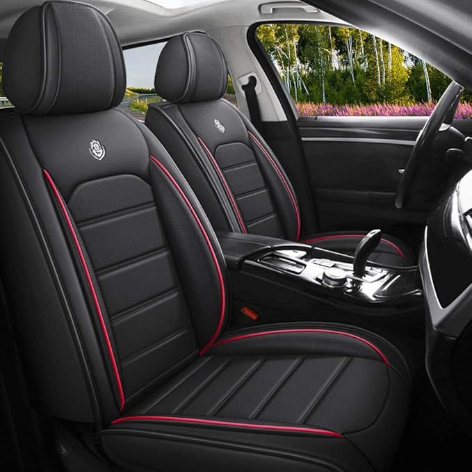 Leather Seat Cover for Ford Edge 2010-2026,Waterproof Soft Seat Covers,Interior Accessories Seat Covers Cushion Vehicle Protector Airbag Compatible(Black&Red,2PCS Front)